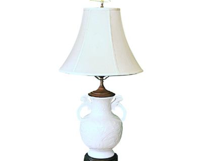 Late 20th Century Wildwood Neoclassical White Porcelain Urn Lamp With Horse & Jockey Finial – 29.5”