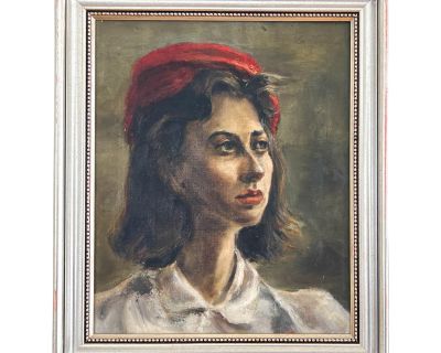 1940s Wpa Woman in Red Beret Oil Painting