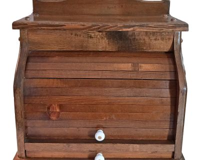 Vintage Wood Roll Top Bread Box With Pull Out Cutting Board