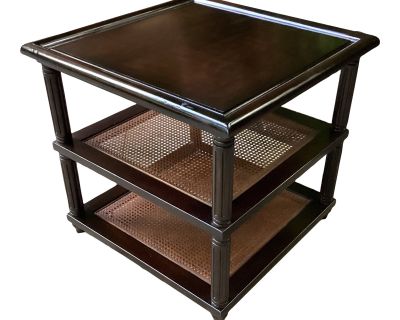 1980s Drexel Three Tier Wood and Cane Side Table Newly Refinished