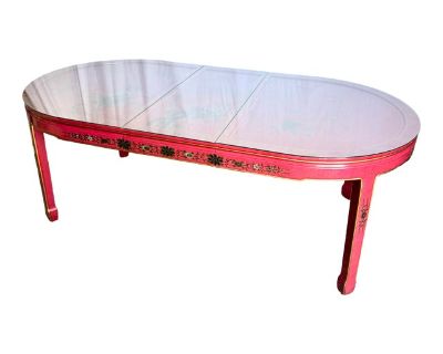 Chinese Red and Gold Lacquered Hand Painted Extendable Dining Table With Glass Top