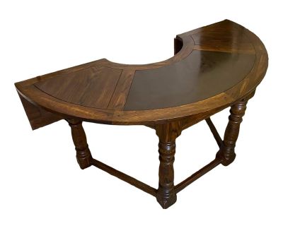 1950s Jacobean Style Demilune Half Moon Curved Oak Drop Leaf Executive / Writing Desk
