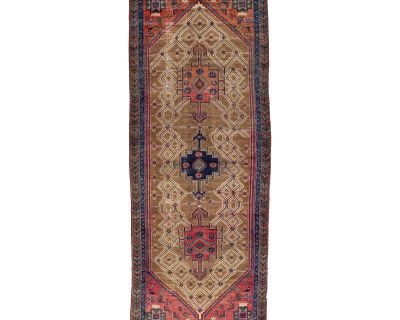 Brown Vintage Hamadan Hand-Knotted Wool Rug With Geometric Pattern