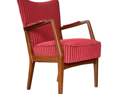 1960s Mid Century Modern Striped Velvet High Back Armchair