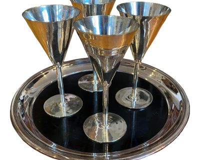 Vintage Silver Plate Cordial Glasses With Black Crescent Formica Tray- 5 Pieces