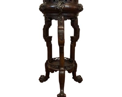 Antique Carved Wood and Metal 3 Legged Plant Stand