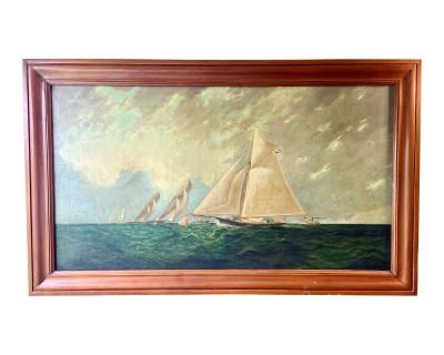 Late 19th Century Sailing Yachts Racing Oil Painting