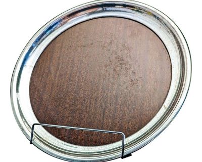 Vintage Mid-Century Modern Bar Serving Tray by Crescent Wood Grain and Chrome