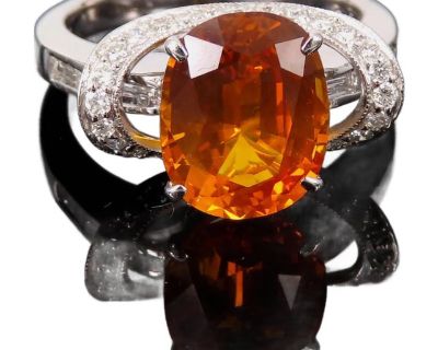 Late 20th Century 4.49ct Gia Vivid Orange Sapphire & 0.51ct Diamond Platinum Ring Size 6.5 8.1gr