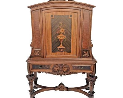 Antique 1920s Rockford Carved Walnut With Marquetry Bar or China Cabinet Hutch