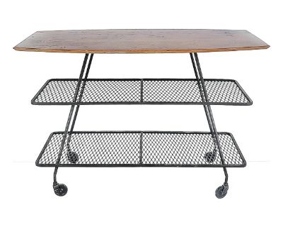 Arthur Umanoff Wrought Iron Rolling Bar Cart, Surfboard Wood Top