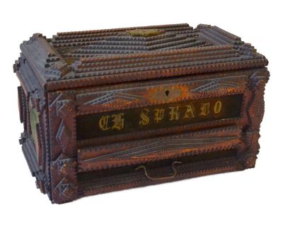 Turn of the Century Hand Carved Tramp Art Wooden Jewelry Box, Circa 1900