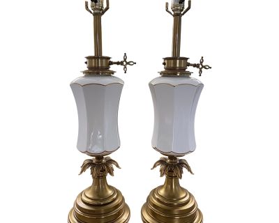 Vintage Stiffel Creamy White Ceramic and Brass Plume Buffet or Table Lamps, a Pair