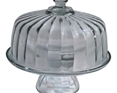 Late 20th Century Clear Glass Pedestal Cake Stand With Top Thick Heavy Glass