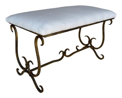 Vintage Mid Century Spanish Gilt Iron Bench With Ornate Base