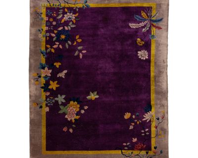 Antique Art Deco Chinese Floral Designed Wool Rug in Purple