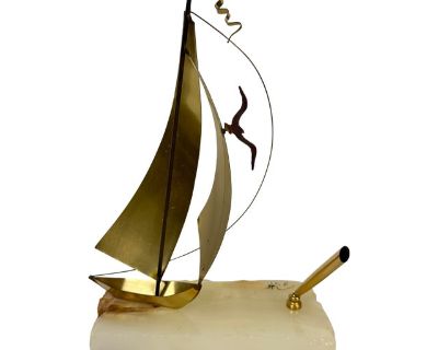Mid 20th Century DeMott Brass Sailboat and Penholder on Onyx