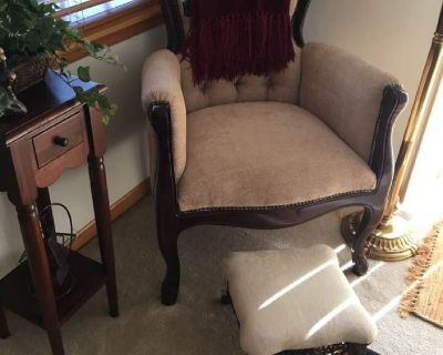 Vintage looking chair with foot stool and side table