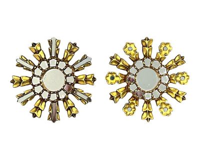 A pair of beautifully carved antique early 20th-Century French gilt wood and gesso sunburst / starburst mirrors. Aged gilt patina, finely carved mirrored rays, and tiered frame around the mirror glass. Rich texture. Each is approx 10" x 10". Dimensions 10 W 1.5 D 10 H Styles French Rustic European Traditional Period Early 20th Century Country of Origin France Item Type Vintage, Antique or Pre-o...