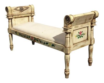Vintage French Country Creme White Bench ~ Hand Painted Antique Finish Floral