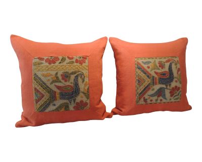 Vintage Bright Orange Indian Suzani Square Decorative Pillows - Set of 2