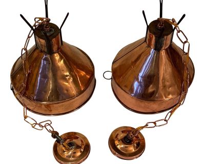 Pair of Antique Copper Milk Funnel Electrified Light Fixtures