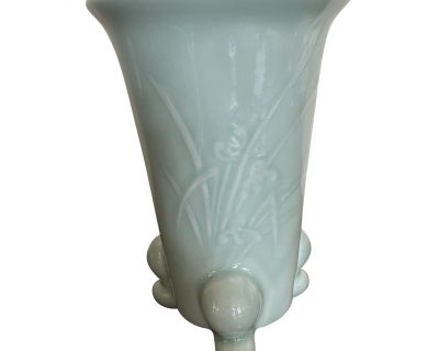 Vintage Mid 20th Century Three-Footed Celadon Vase With Iris Motif
