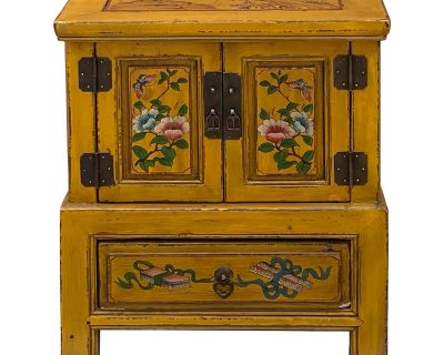 Oriental Distressed Mustard Yellow Flower Birds End Table Nightstand A