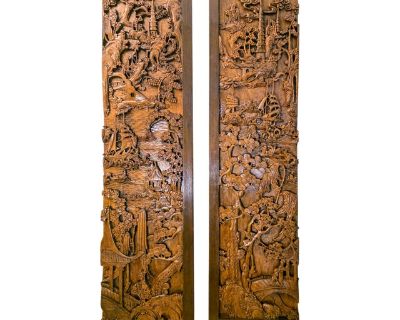 Magnificent Pair of Antique Chinese Deeply Hand-Carved Architectural Panels (Late 19th/Early 20th Century) stunning pair of Antique Chinese wood carved wall panels, believed to date from the Late 19th or early 20th Century (Late Qing Dynasty or early Republic period). Originally serving as majestic door or window panels in a traditional Chinese building Estimated Age: Late 19th or early 20th Ce...