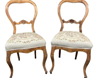 Antique Victorian Balloon Back + Needlepoint Side Chairs, a Pair