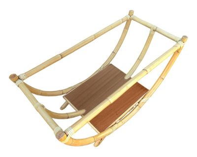 1940s Restored Rattan Boat Shaped Coffee Table With Mahogany Shelf
