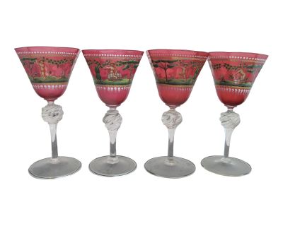 Salviati Murano Venetian Enamel Bacchus Red Ruby 6 1/4" Wine Glass Set of 4