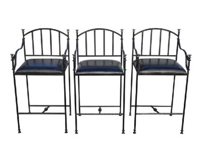 Set of Three Vintage Spanish Style Wrought Iron Bar Stools Barstools W Leather