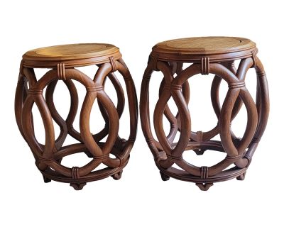 Pair of 1970s Carved Bamboo Styled Chinese Garden Stools or Side Tables