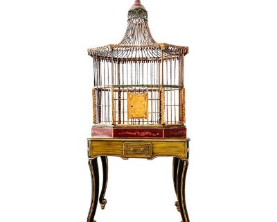 Large Mid 20th Century Scale Chinoiserie Pagoda Bird Cage on Stand