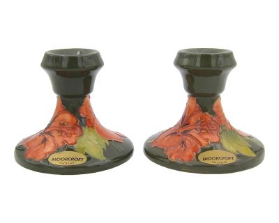 English Moorcroft Pottery Candle Holders in Green Hibiscus Pattern