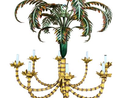 Antique Italian Tole and Brass Pineapple and Palm Leaf Chandelier