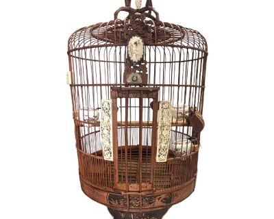 Antique Chinese Red Reed Rattan Birdcage Porcelain Feeder Bowls, Jade, Mother of Pearl, and Pin Lock