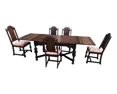 Antique Jacobean Style Dining Table and Chairs - Set of 6
