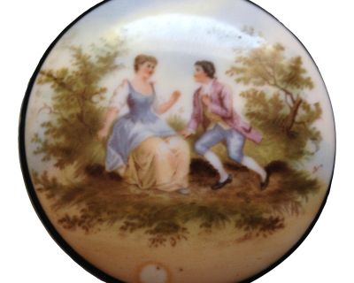 Antique 19th Century Hand-Painted Porcelain Circular Covered Container