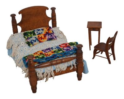 Antique Tiger Maple 3 Piece Doll Size Country Bed & Furniture