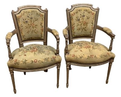 Pair French Needlepoint Arm Chairs Gold Wood Frame Vintage