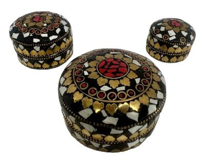 Vintage Handmade Round Shaped Natural Stones Boxes in Cobalt Black & Gold,Set of 3