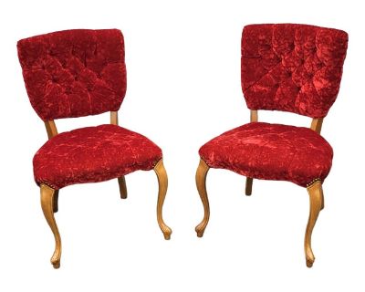Pair French Provincial Style Fruitwood Tufted Velvet Upholstered Nail Trim Chairs