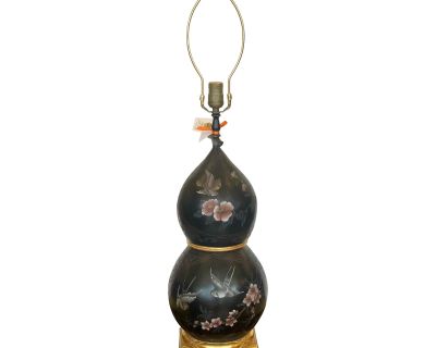 Vintage Scenic Chinoiserie Gourd Form Black & Gold Designer Table Lamp