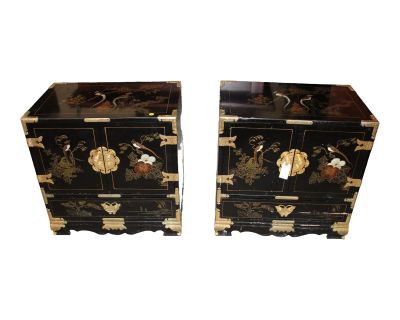 Chinoiserie Hand Painted Black Lacquered Cabinet ~ Matched Pair