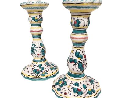 Pair of Vintage Italian Candlesticks Roosters Yellow Green Bird Hand Painted d'Arna Perugia Italy