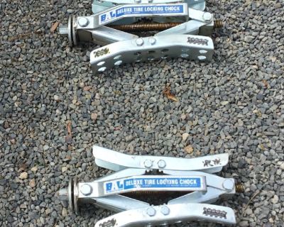 2 High quality metal locking wheel chocks, complete with ratchet wrench.  A MUST for keeping the RV stable when parked. Really helps when hooking up to vehicle. Sold our RV and don't need anymore.    $65 new