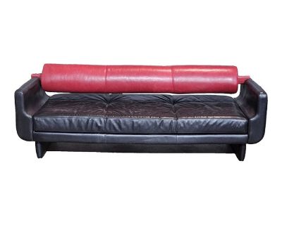 Store Item: Vladimir Kagan Matinee Sofa American Leather Red and Black Description: Roll Back Matinee Sofa featuring vibrant red cylindrical back above a sleek rectangular form body upholstered in black leather. Designed by Vladimir Kagan (1927-2016) for American Leather Studios. Condition Report: Good condition with some scuffs, wear and scratches as expected with usage. The sofa is structural...