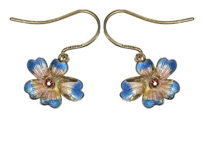 Enameled Pansy Earrings in Gilt Sterling Silver + Rubies